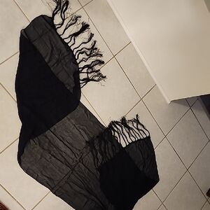 Pure Silk Lightweight Black Sheer Fringe Scarf Shawl 73"